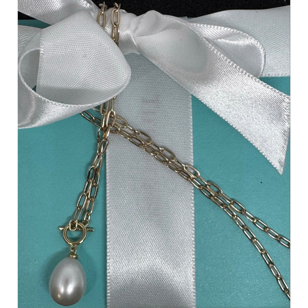 10K Yellow Gold Paperclip Link Necklace with Teardrop Pearl Pendant Toggle 16in